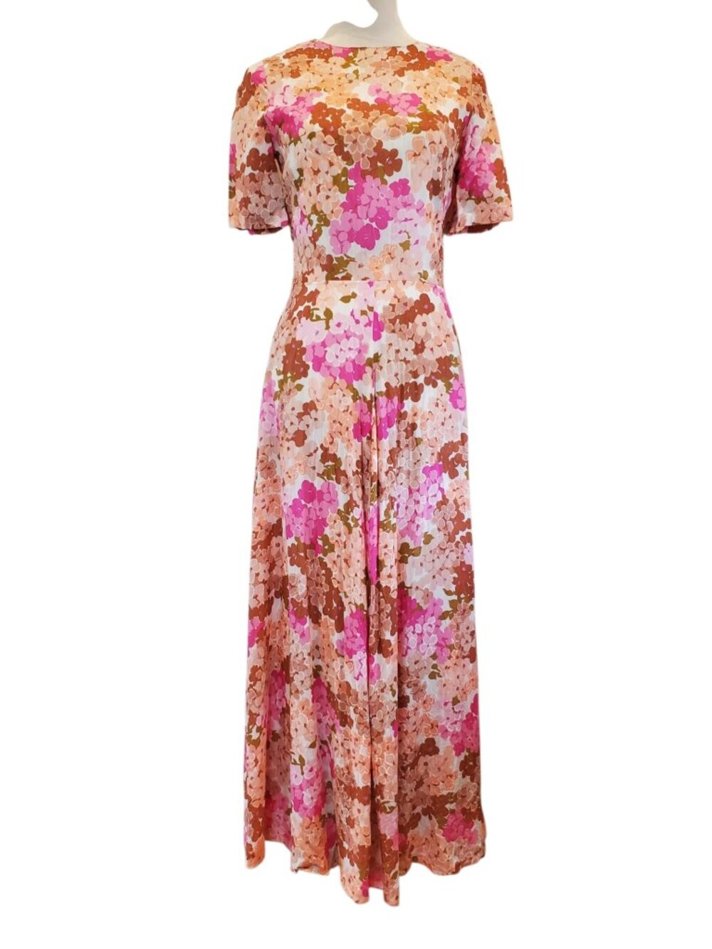 Vintage Handmade Floral Long Dress | Retro 70s Style | Size S Pink Peach Brown